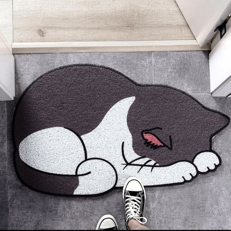 Weatherproof Sleeping Cat Mat - Cute, Non-Slip, Waterproof Vinyl-Floor Mat-Gray and white cat-4-Colydia