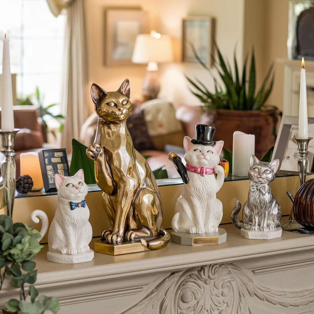 Cat lover gift collection featuring beautifully crafted cat statuettes. A variety of elegant, artistic, and whimsical cat sculptures perfect for decorating a cat lover’s home