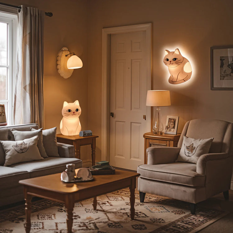 Cat lover gift collection featuring cat-themed lamps and nightlights. Includes cute cat-shaped table lamps and soft, glowing nightlights that create a cozy and inviting atmosphere for any cat lover’s space