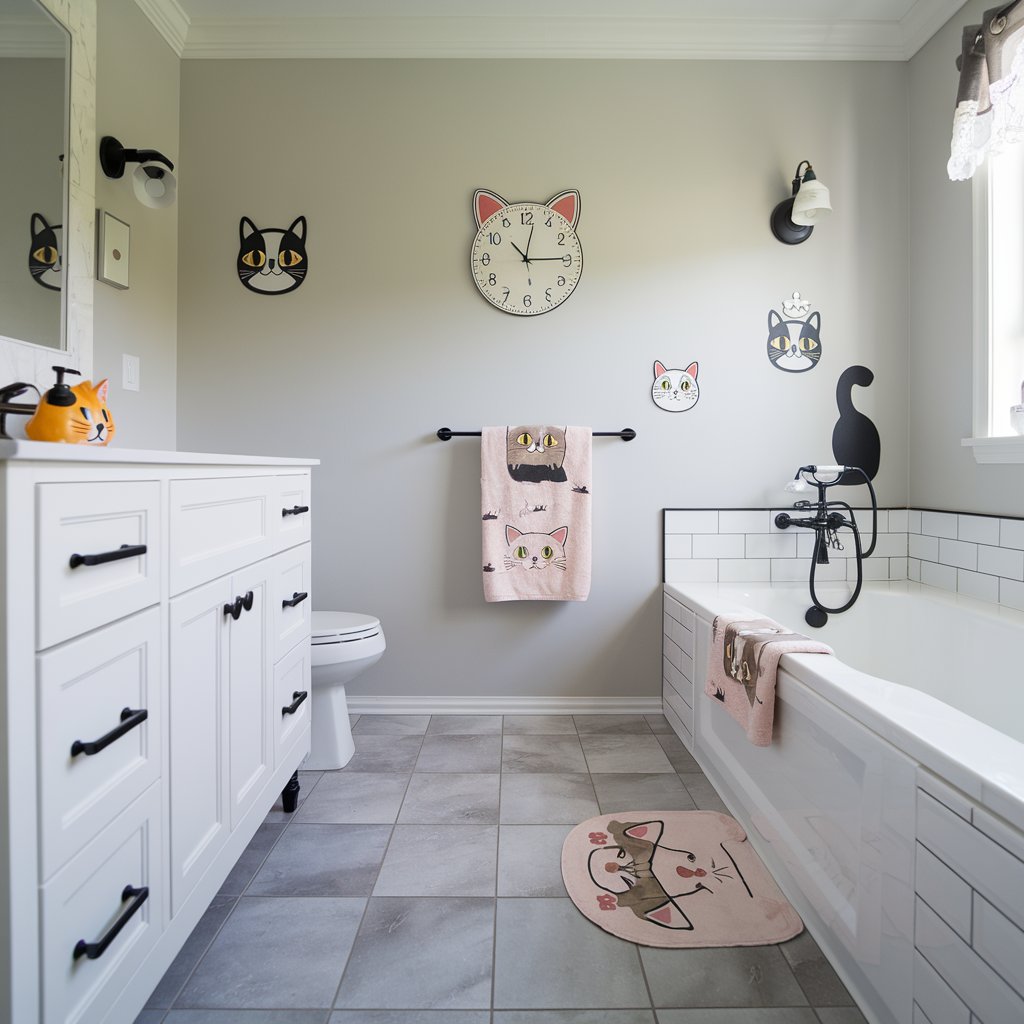 Cat lover gift collection for the bathroom, including cat-shaped soap dispensers, cat print towels, and cat-themed bath mats. Playful and functional bathroom décor perfect for any cat enthusiast.
