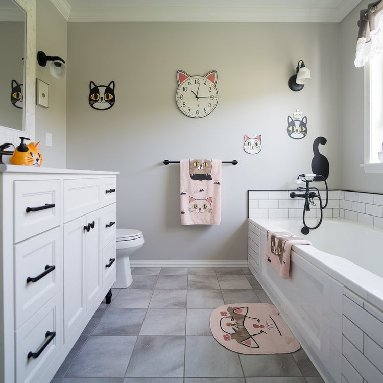 Cat lover gift collection for the bathroom, including cat-shaped soap dispensers, cat print towels, and cat-themed bath mats. Playful and functional bathroom décor perfect for any cat enthusiast.