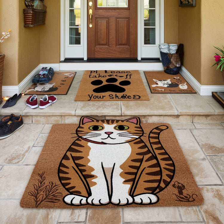 Cat lover gift collection with cat-themed floor mats and doormats. Includes welcoming cat-shaped doormats and fun, playful floor mats perfect for a cat lover’s entryway.