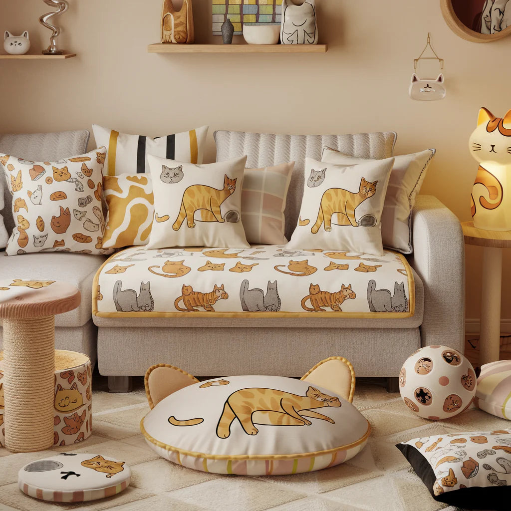 Cat lover gift collection with cozy cushions and covers featuring playful cat prints. Soft, plush textures and cat designs