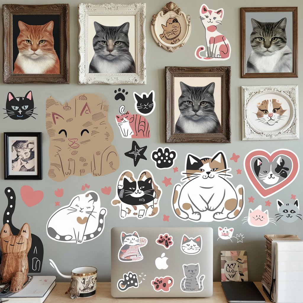 Cat lover gift collection with playful stickers and posters featuring fun cat designs. Includes cat-themed art prints, decals, and stickers to personalize and decorate a home or workspace.