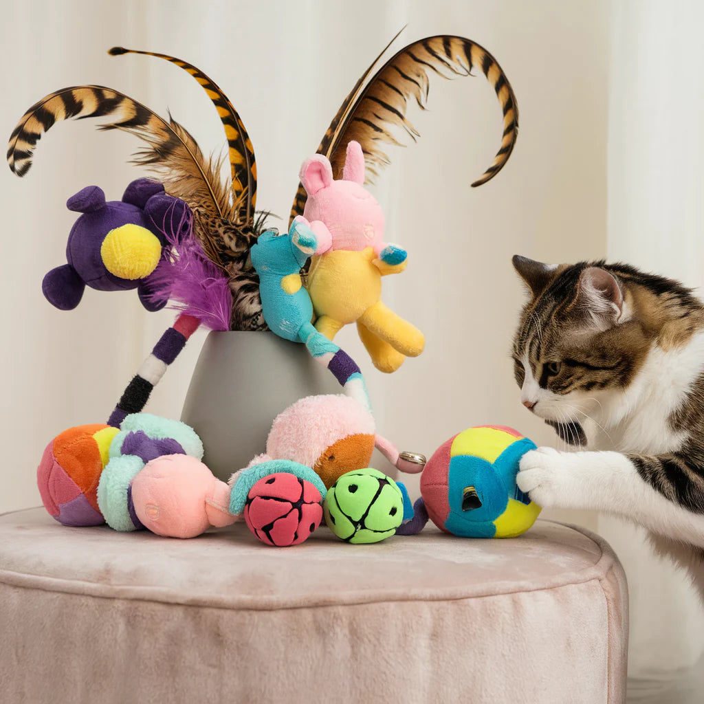 A playful cat interacting with colorful cat play toys, including toy cats, cat toys, and engaging toys for cats like balls and feather wands, designed for endless fun and entertainment.