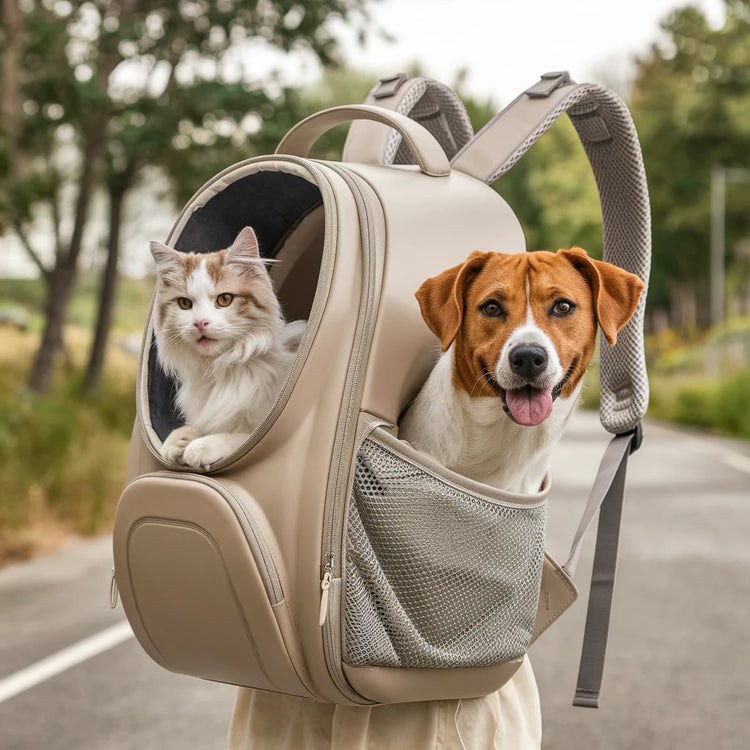 Stylish and comfortable cat and dog backpack carrier for safe and easy travel, featuring breahable material and adjustable straps