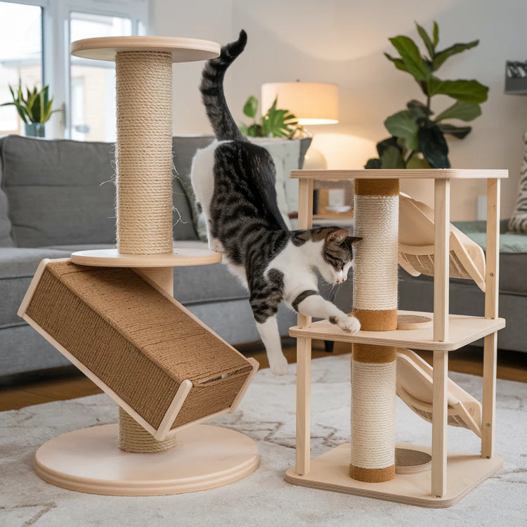 Durable cat scratchers made with sisal and cardboard, designed to protect furniture while keeping your cat entertained and healthy