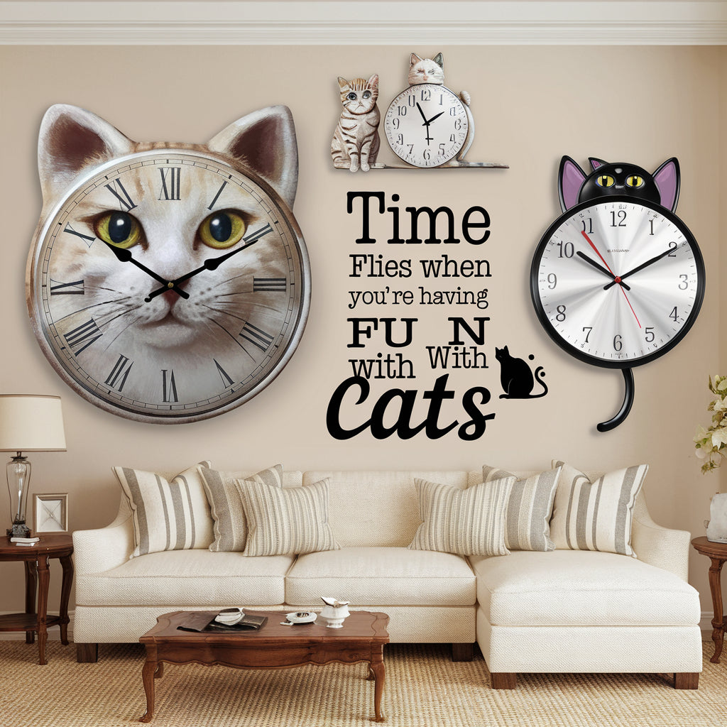 Cat lover gift collection featuring cat-themed clocks for home décor. Includes cat-shaped clocks and minimalist designs with subtle cat accents, adding a playful touch to any room.