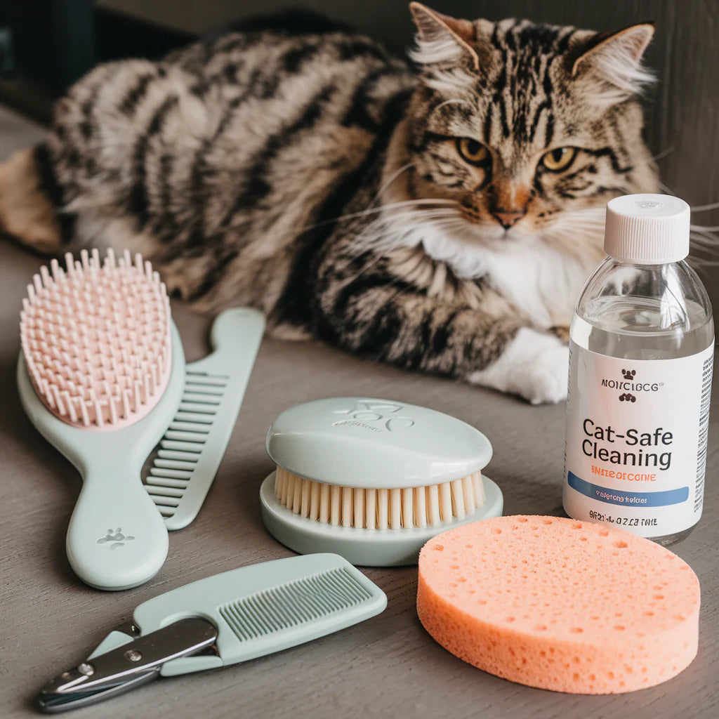 Pet care products including grooming tools, anti-gulping bowls, and eco-friendly paw cleaner for pets.