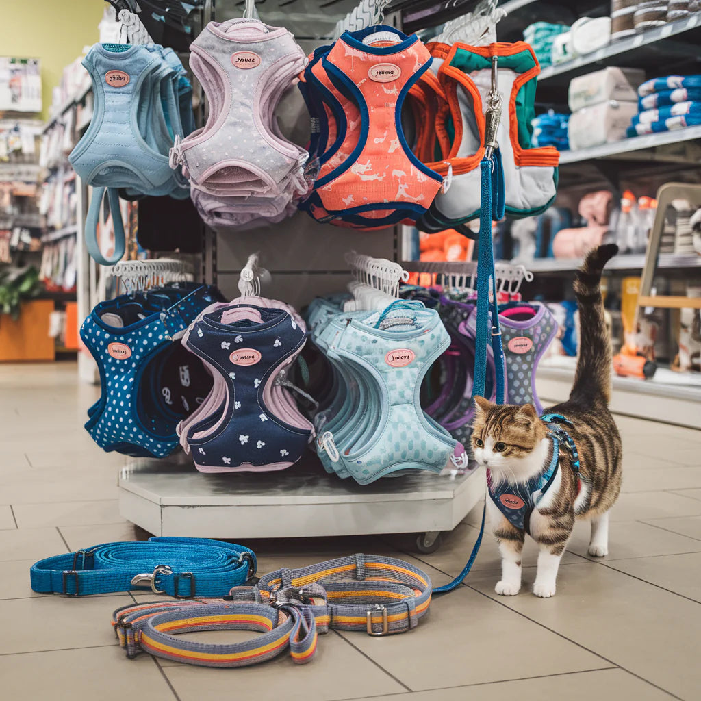 Comfortable and stylish cat harnesses and leashes for safe outdoor adventures, featuring adjustable straps and durable materials for a secure fit