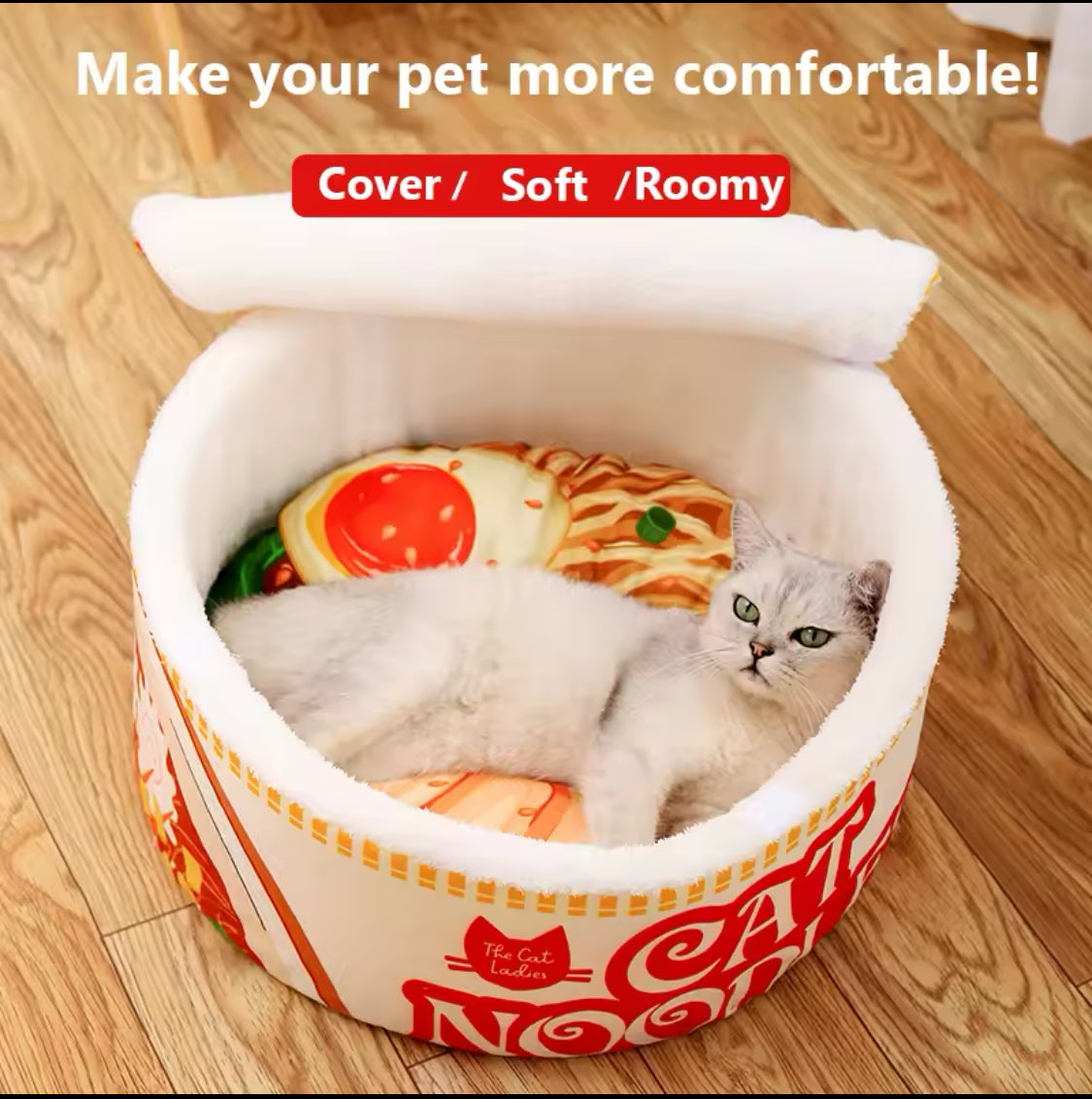 Ramen-Inspired Pet Bed with Removable Soft Noodle Print Mat-Pet Bed-8-Colydia