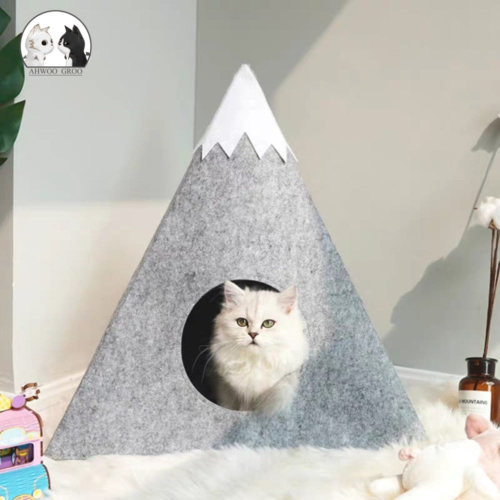 Mountain Cat Bed Pyramid Design Felt Basket with Sherpa Pillow-Cat Bed-2-Colydia