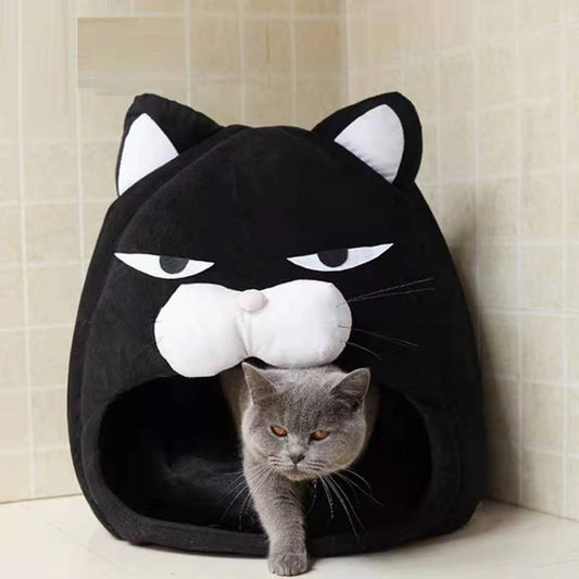 Cozy Cat Bed Shaped Like a Hilariously Grumpy Black Cat-Cat Bed-1-Colydia