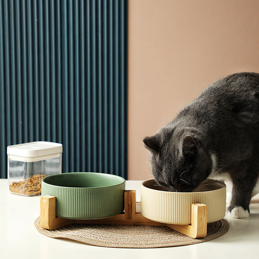 Eco-Friendly Elevated Cat Bowls-Elevated Cat Bowls-Straight grained matte khaki [single bowl]-1-Colydia