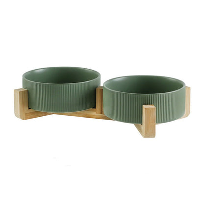 Eco-Friendly Elevated Cat Bowls-Elevated Cat Bowls-Straight grain matt green [double bowl with wooden stand]-7-Colydia