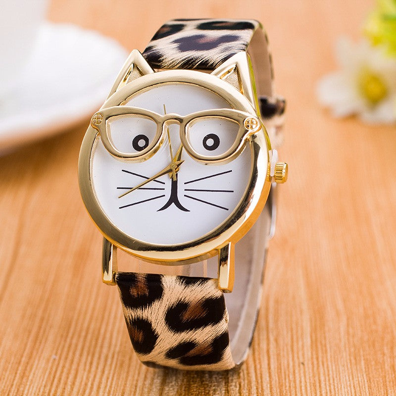 Chic Cat Glasses Watch - Leather Strap & Stainless Steel Charm-Cat-themed Wristwatch-Leopard-1-Colydia