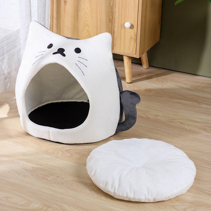 Adorable Sitting Cat-Shaped Niche with Cushion for Feline Comfort-Cat Bed-White-7-Colydia