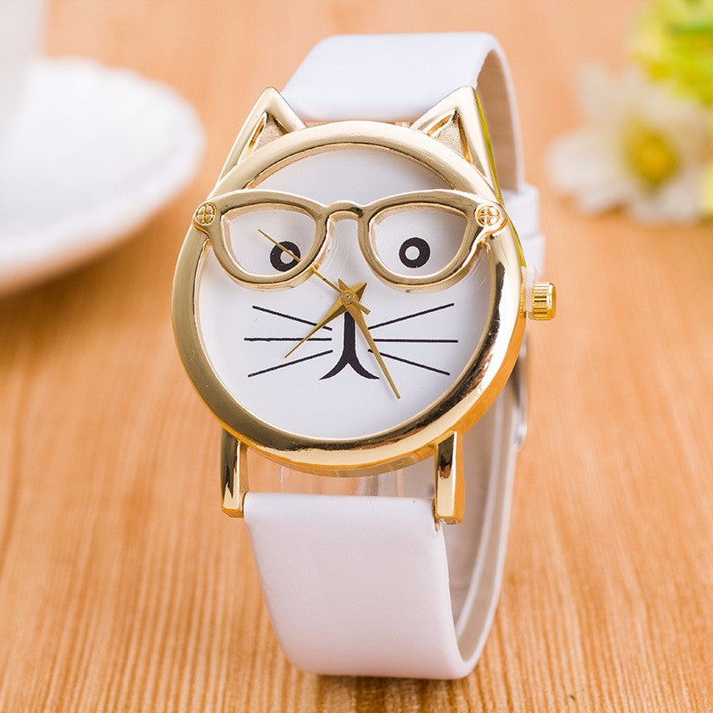 Chic Cat Glasses Watch - Leather Strap & Stainless Steel Charm-Cat-themed Wristwatch-White-6-Colydia