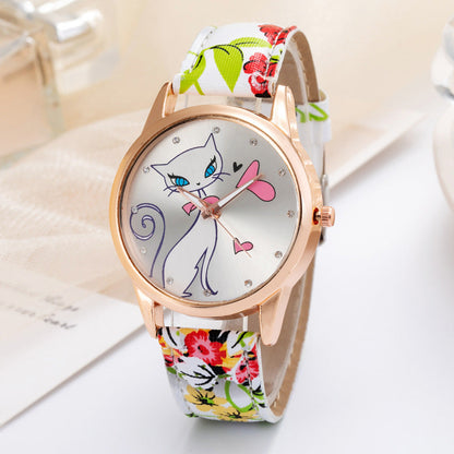 Elegant Women's Quartz Watch with White Cat Design-Women's Quartz Watch-1-Colydia