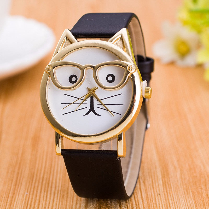 Chic Cat Glasses Watch - Leather Strap & Stainless Steel Charm-Cat-themed Wristwatch-Black-5-Colydia