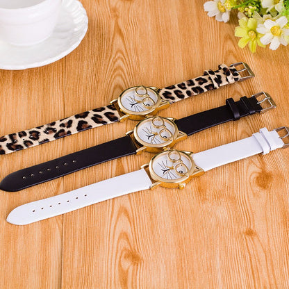 Chic Cat Glasses Watch - Leather Strap & Stainless Steel Charm-Cat-themed Wristwatch-2-Colydia