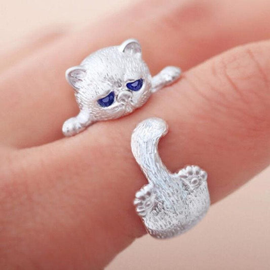 Adjustable White Cat Ring in 925 Silver - Elegant Women's Jewelry-**Jewelry Ring**-Unique (adjustable)-Silver-1-Colydia