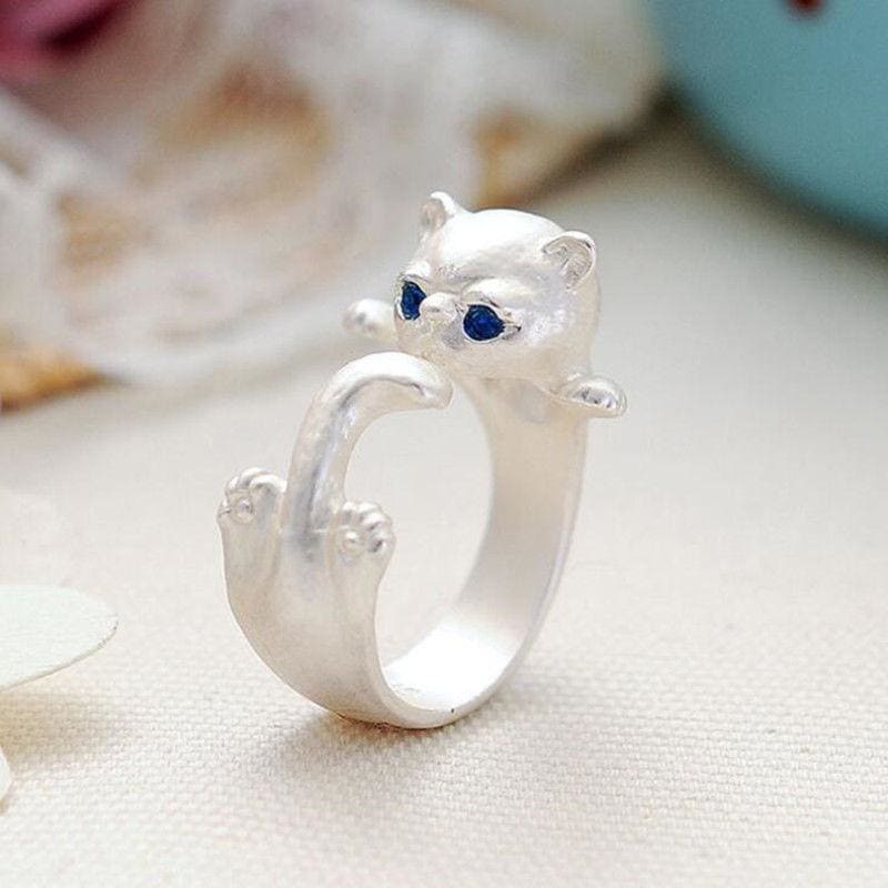 Adjustable White Cat Ring in 925 Silver - Elegant Women's Jewelry-**Jewelry Ring**-Unique (adjustable)-Silver-4-Colydia