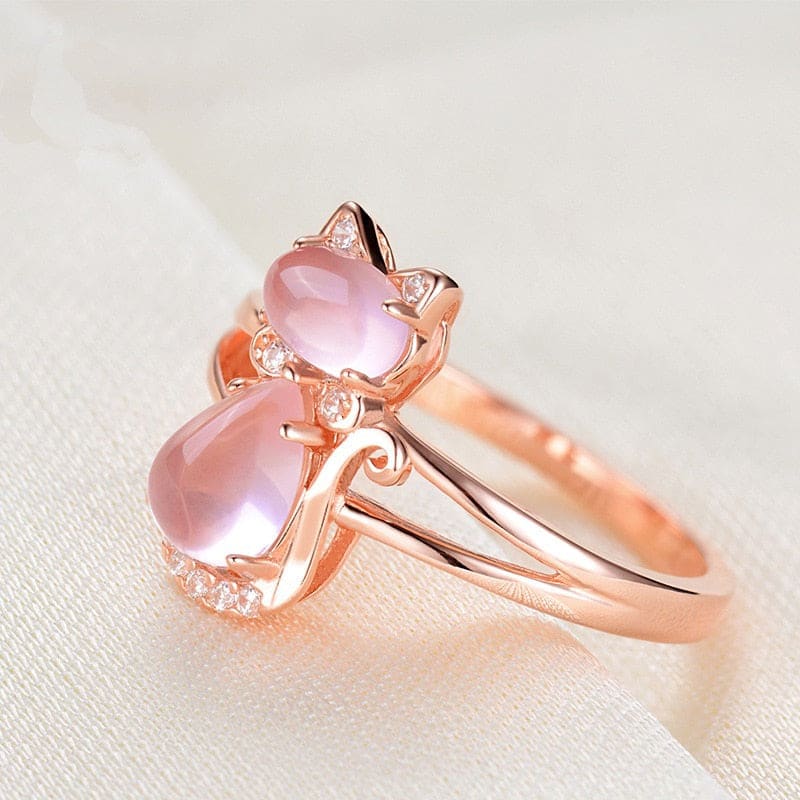 Elegant Rose Gold Cat Ring with Pink Moonstone & Zircons-Cat Ring-2-Colydia