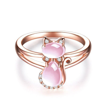 Elegant Rose Gold Cat Ring with Pink Moonstone & Zircons-Cat Ring-51.9 mm-1-Colydia