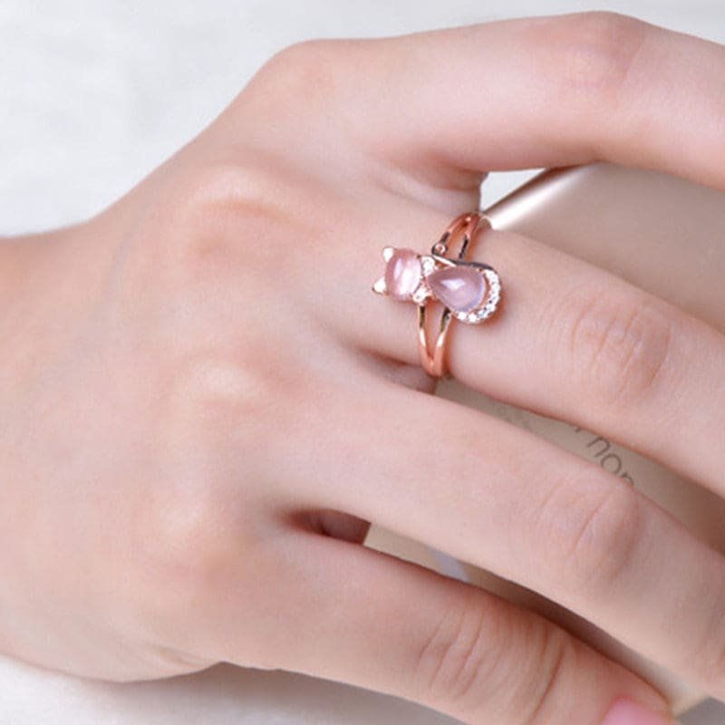 Elegant Rose Gold Cat Ring with Pink Moonstone & Zircons-Cat Ring-6-Colydia