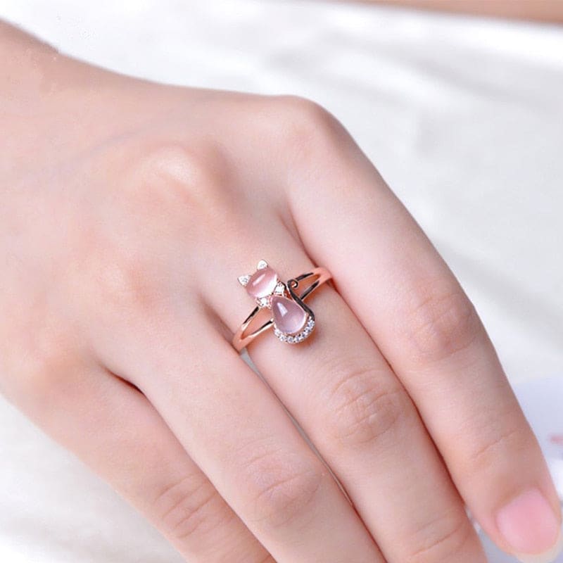 Elegant Rose Gold Cat Ring with Pink Moonstone & Zircons-Cat Ring-5-Colydia