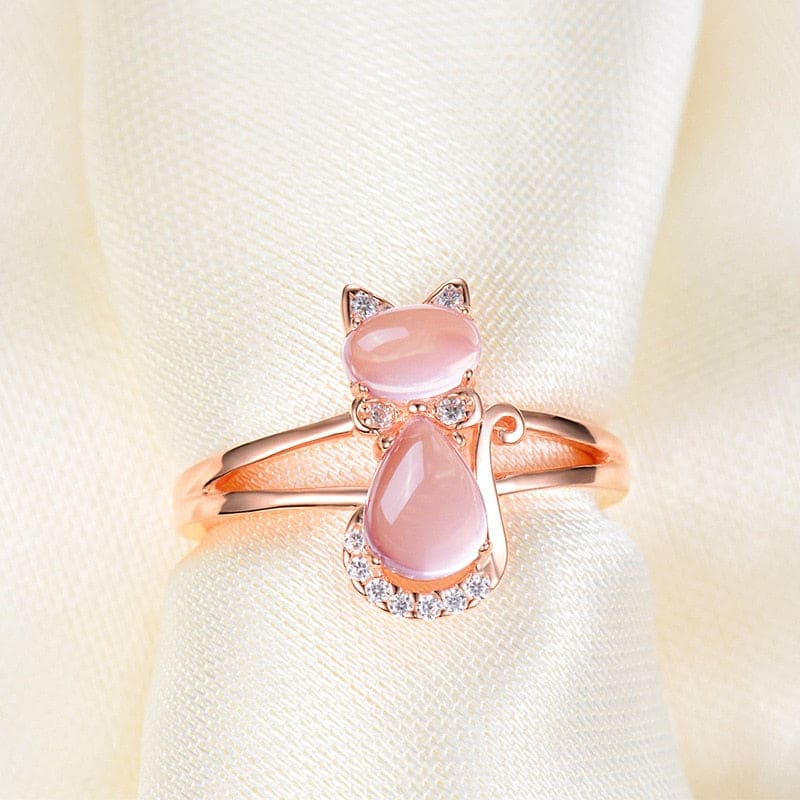 Elegant Rose Gold Cat Ring with Pink Moonstone & Zircons-Cat Ring-3-Colydia