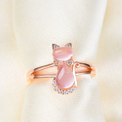 Elegant Rose Gold Cat Ring with Pink Moonstone & Zircons-Cat Ring-3-Colydia