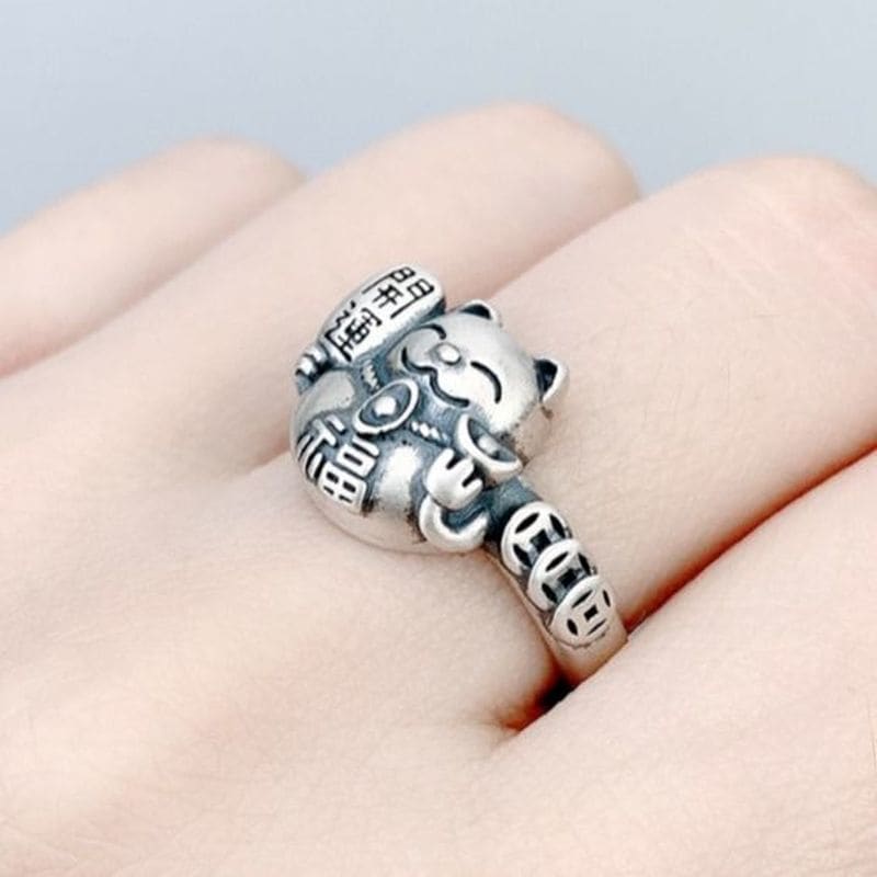 Lucky Maneki-Neko Cat Ring - Adjustable Silver | Fortune & Style-Jewelry Ring-2-Colydia