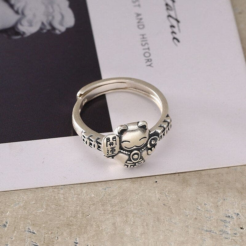 Lucky Maneki-Neko Cat Ring - Adjustable Silver | Fortune & Style-Jewelry Ring-9-Colydia