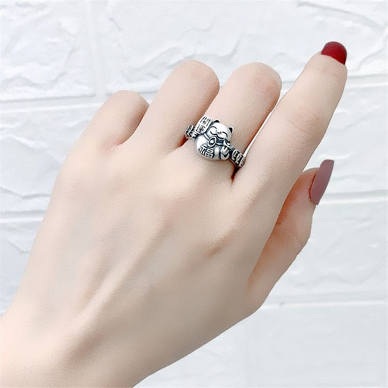 Lucky Maneki-Neko Cat Ring - Adjustable Silver | Fortune & Style-Jewelry Ring-6-Colydia