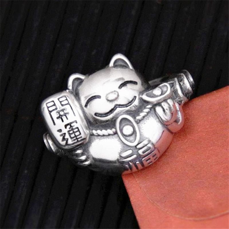 Lucky Maneki-Neko Cat Ring - Adjustable Silver | Fortune & Style-Jewelry Ring-4-Colydia