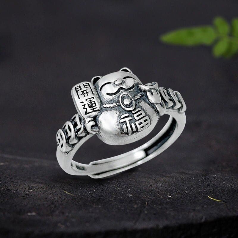 Lucky Maneki-Neko Cat Ring - Adjustable Silver | Fortune & Style-Jewelry Ring-7-Colydia