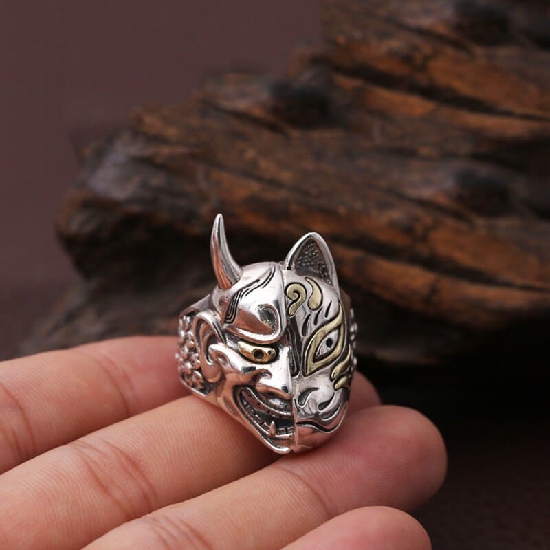 Japanese Demon Cat Ring with Double-Faced Design - Gothic Jewelry-Gothic Cat Ring-10-Colydia