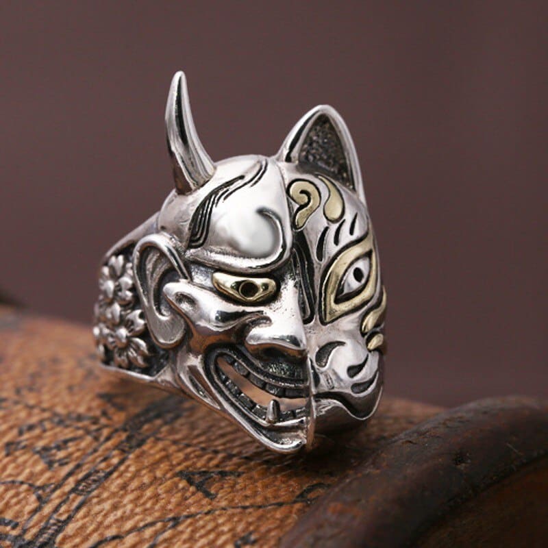 Japanese Demon Cat Ring with Double-Faced Design - Gothic Jewelry-Gothic Cat Ring-7-Colydia