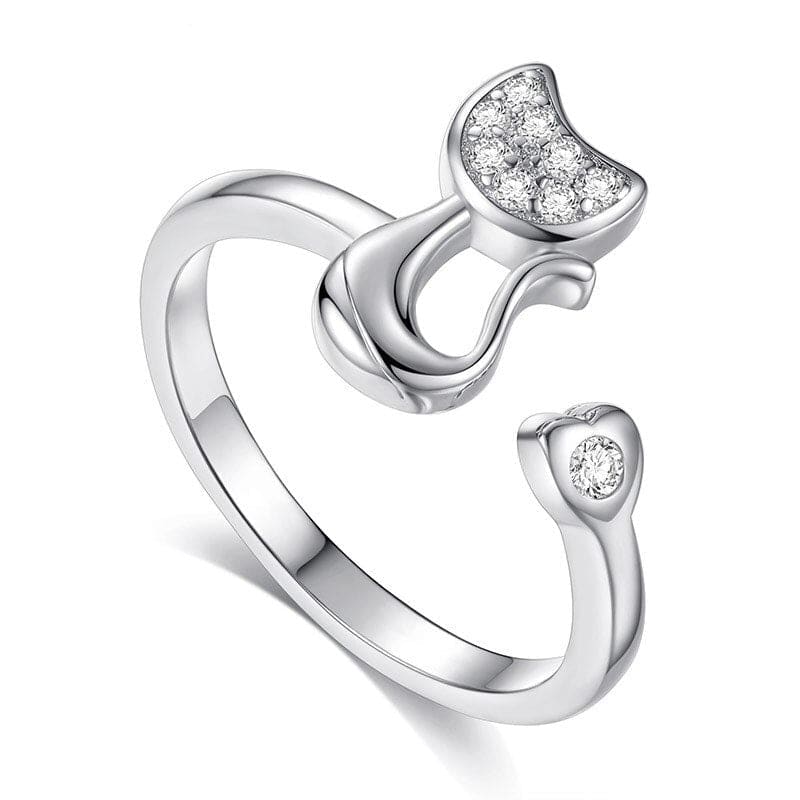 Adjustable Diamond Cat Ring with Cubic Zirconia – Elegant Feline Design-Cat-themed Adjustable Ring-Silver-2-Colydia