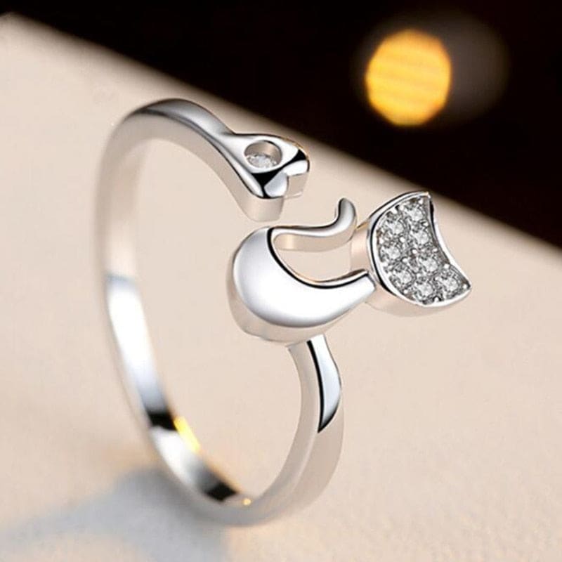 Adjustable Diamond Cat Ring with Cubic Zirconia – Elegant Feline Design-Cat-themed Adjustable Ring-3-Colydia