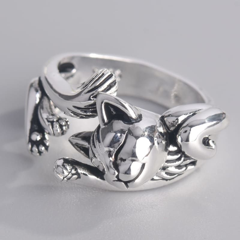 Sterling Silver Sleeping Cat Ring - Adjustable 3D Design-Jewelry Ring-Adjustable-Silver-3-Colydia