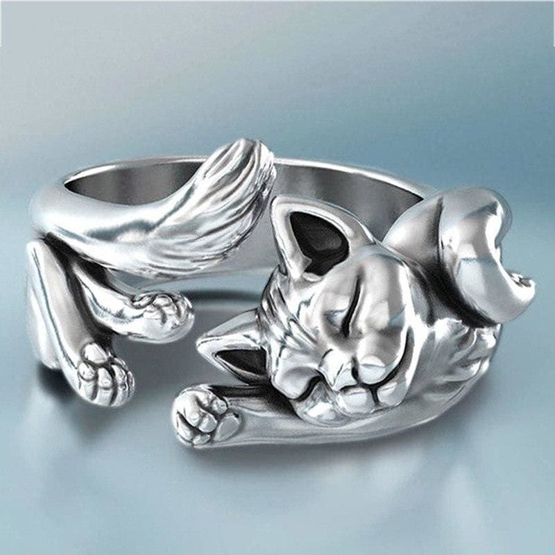 Sterling Silver Sleeping Cat Ring - Adjustable 3D Design-Jewelry Ring-Adjustable-Silver-2-Colydia