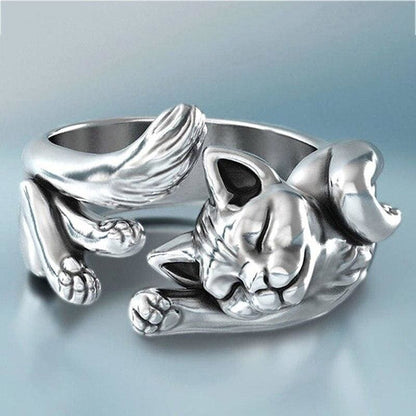 Sterling Silver Sleeping Cat Ring - Adjustable 3D Design-Jewelry Ring-Adjustable-Silver-2-Colydia