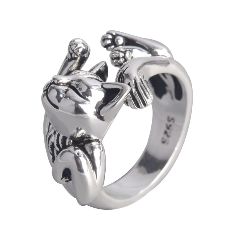 Sterling Silver Sleeping Cat Ring - Adjustable 3D Design-Jewelry Ring-Adjustable-Silver-1-Colydia