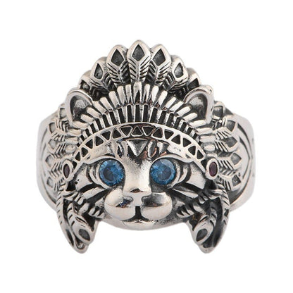 Sterling Silver Apache Cat Ring with Blue Zircon Stones, Unisex Adjustable-Adjustable Cat Ring-3-Colydia