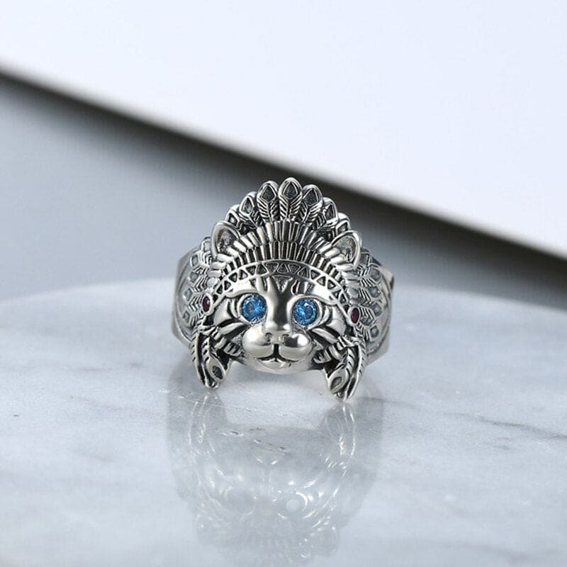 Sterling Silver Apache Cat Ring with Blue Zircon Stones, Unisex Adjustable-Adjustable Cat Ring-8-Colydia