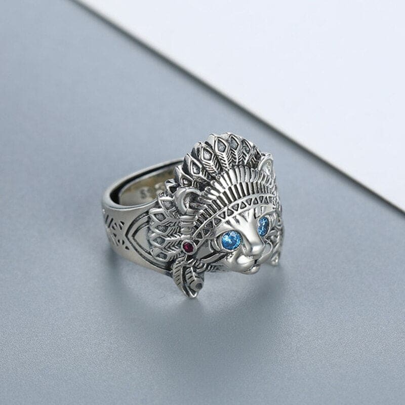 Sterling Silver Apache Cat Ring with Blue Zircon Stones, Unisex Adjustable-Adjustable Cat Ring-6-Colydia