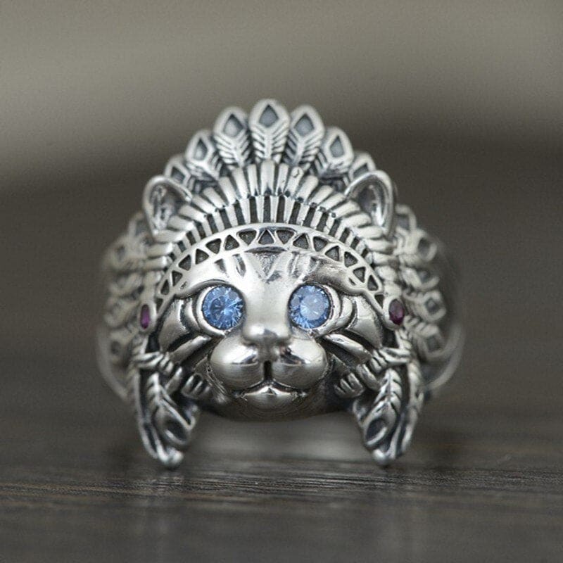 Sterling Silver Apache Cat Ring with Blue Zircon Stones, Unisex Adjustable-Adjustable Cat Ring-5-Colydia